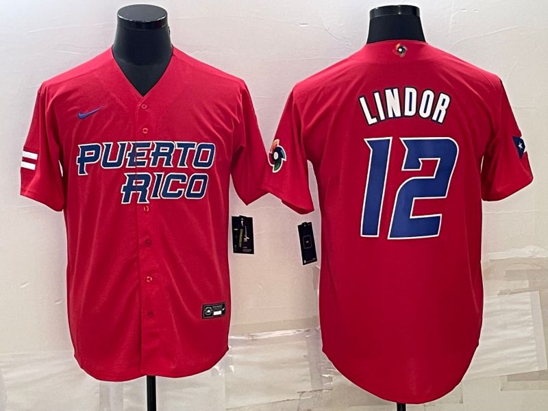 Men 2023 World Cub #12 Lindor Red Nike MLB Jersey6